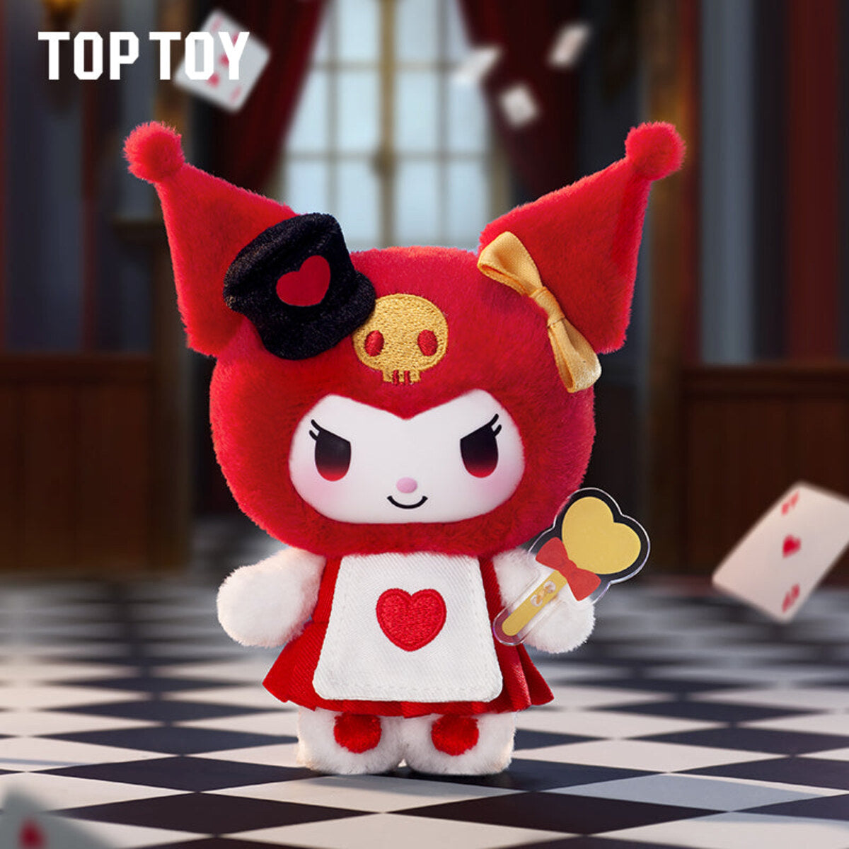 Kuromi Poker Kingdom HEART plush pendant in red with a black heart hood and gold heart wand