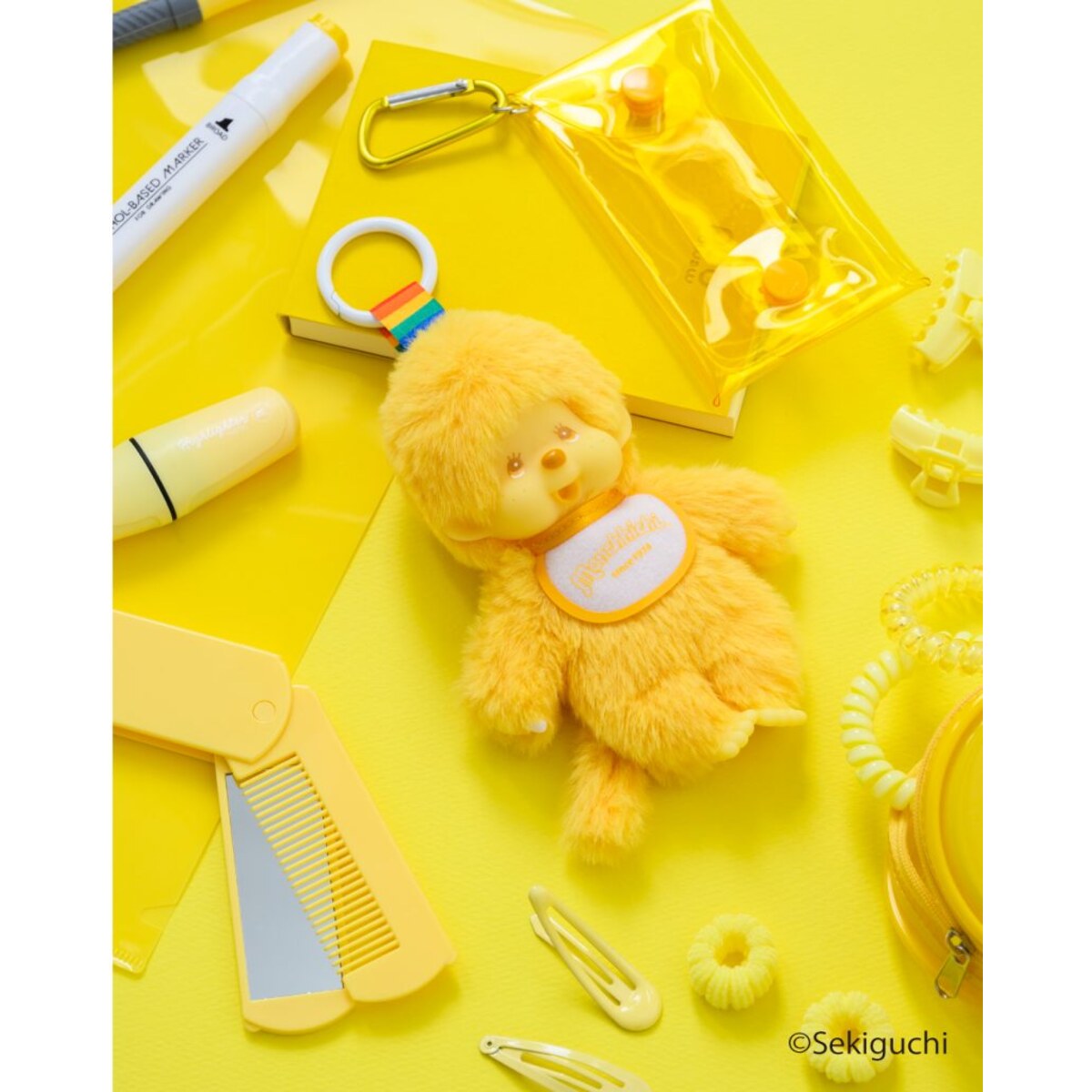 Yellow macaron Monchhichi Colorful Fantasy plush keychain with yellow stationery accessories