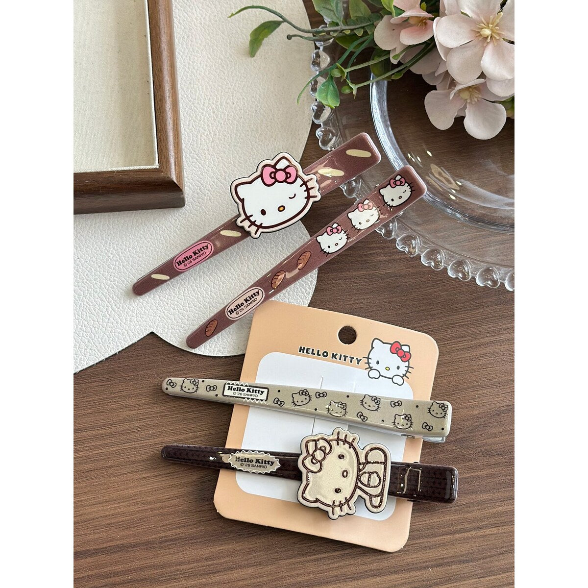 Sanrio Hello Kitty extra large duckbill bar clips - brown check and leopard print pair on official backing card