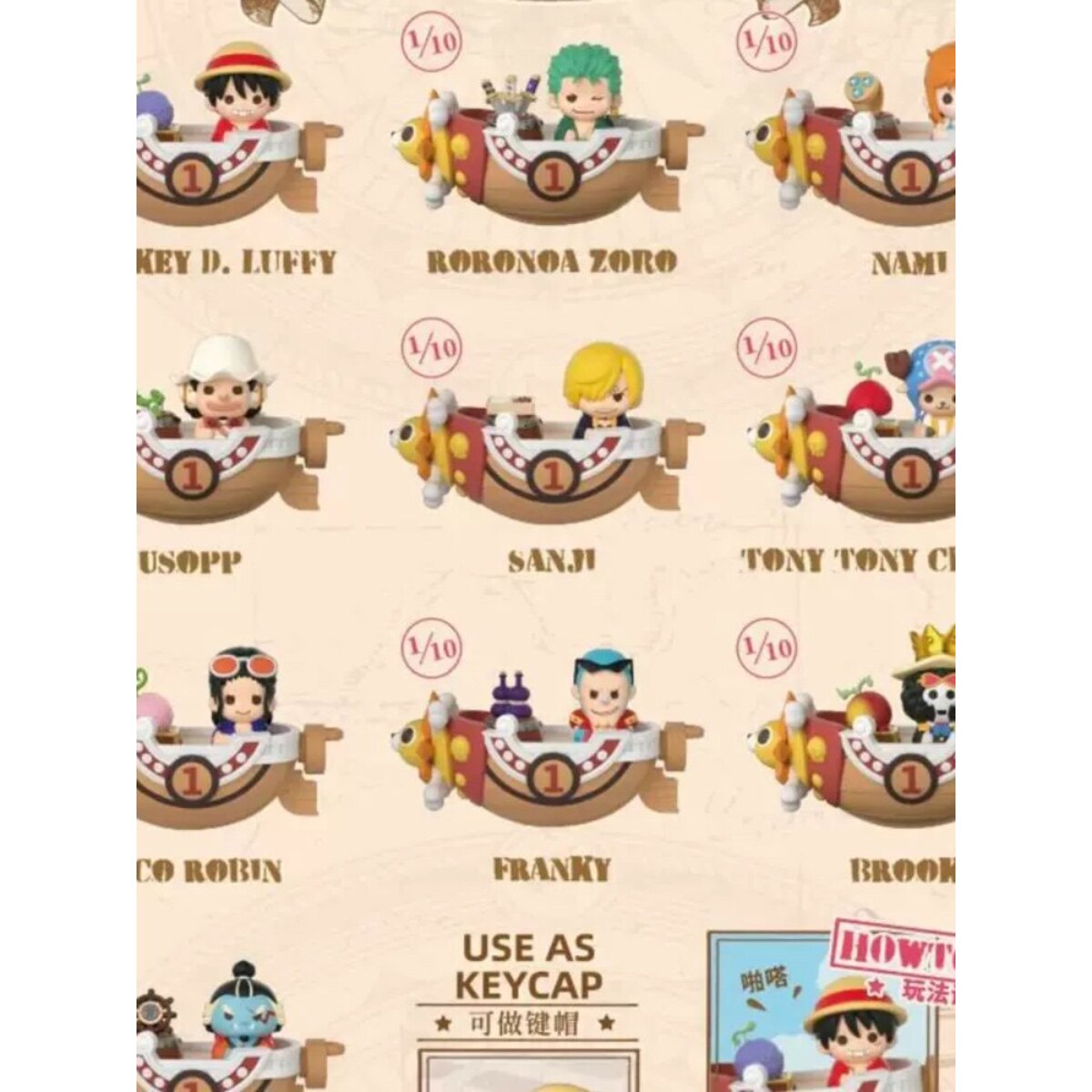 Complete line-up of all 10 One Piece keycap blind box designs, one in ten pull rate each, also usable as a keyboard keycap