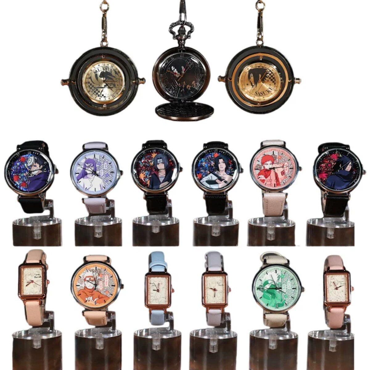 EAKI Naruto Shippuden Ninja Watch series all 12 wristwatch designs on display stands