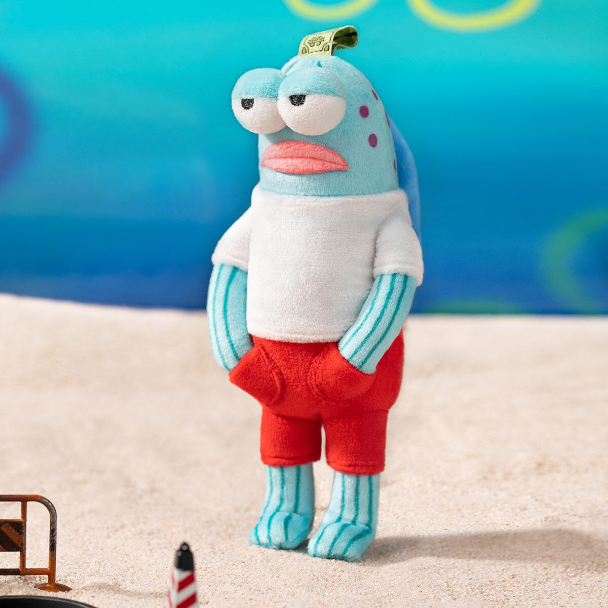 POP MART SpongeBob SquarePants Bikini Bottom Buddies Whimsical Plush - Cool Fish design in white shirt and red shorts