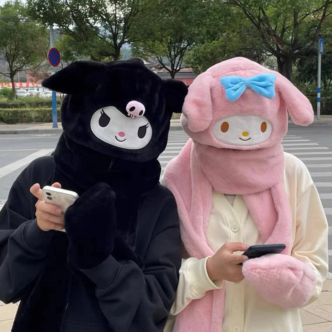 Sanrio My Melody Kuromi Cinnamoroll Hat with Scarf Hat  Winter Warm Accessory Outfits KawaiiGiftLand