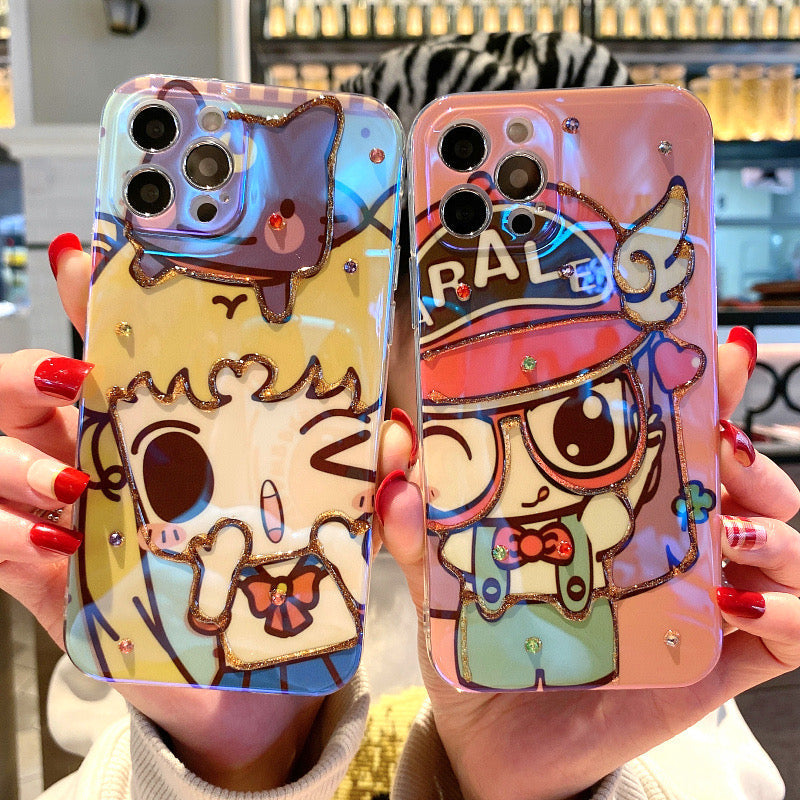Japanese Cartoon Sailor Moon & Robot Girl Arale Blu Ray Bling Bling iPhone Case 15 14 13 12 11 7 8 Max Plus mini KawaiiGiftLand