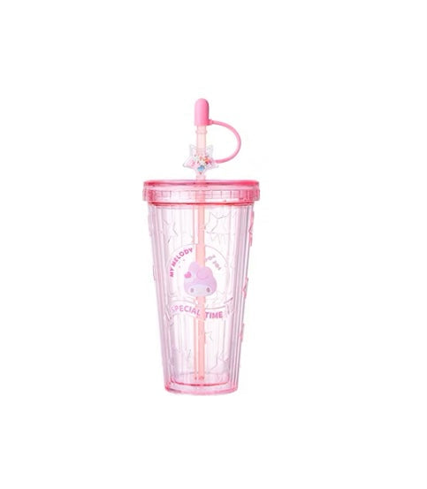 Sanrio Gittler Star Summer Cup My Melody Kuromi Cinnamoroll Pochacco Pompompurin Plastic Water Bottle with Straw for Cool Drink Lovely Cup KawaiiGiftLand