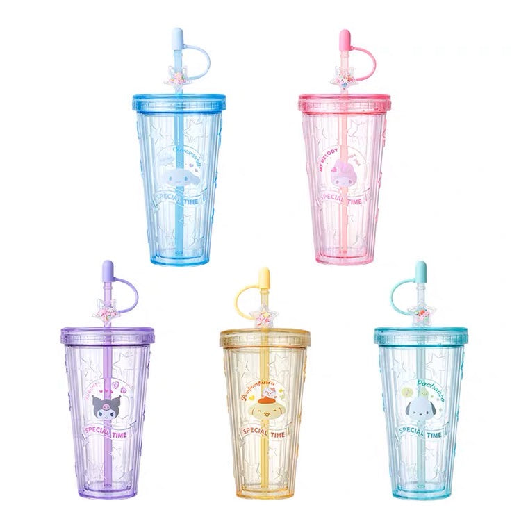 Sanrio Gittler Star Summer Cup My Melody Kuromi Cinnamoroll Pochacco Pompompurin Plastic Water Bottle with Straw for Cool Drink Lovely Cup KawaiiGiftLand