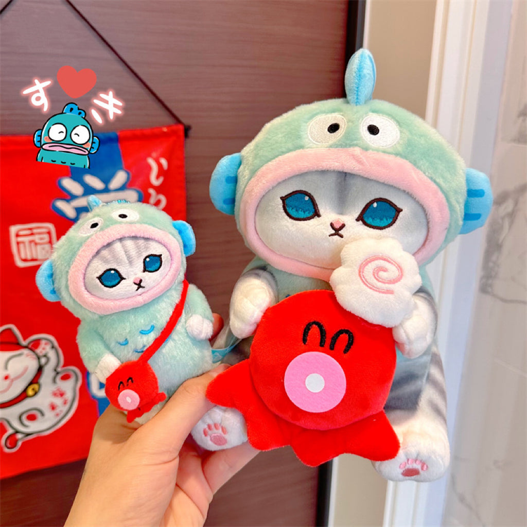 Japan Artist Mofusand x Sanrio Cat Neko Crossover Hangyodon - 12cm 15cm 20cm Mascot Plush Doll Big Keychain KawaiiGiftLand