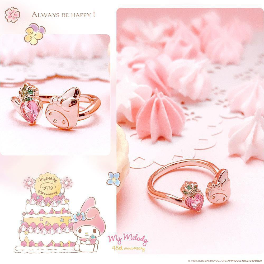 Sanrio My Melody with Strawberry 45th Annversary 925 Sterling Silver Ring Rosegold with Ring Box KawaiiGiftLand