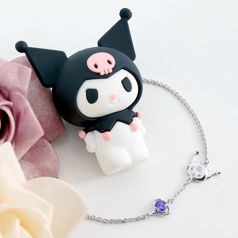 Sanrio Kuromi I.Love.Kuromi 925 Silver Bracelet Silver with Ring Box KawaiiGiftLand