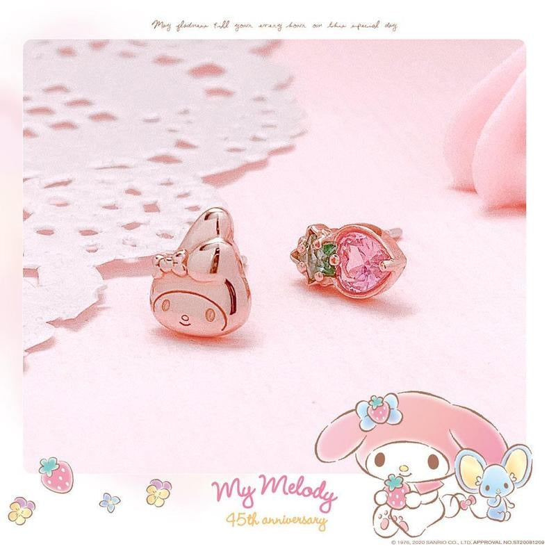 Sanrio My Melody with Strawberry 45th Annversary 925 Earrings Rosegold Silver with Box KawaiiGiftLand
