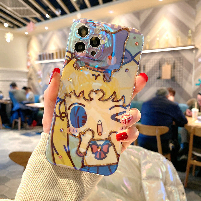 Japanese Cartoon Sailor Moon & Robot Girl Arale Blu Ray Bling Bling iPhone Case 15 14 13 12 11 7 8 Max Plus mini KawaiiGiftLand