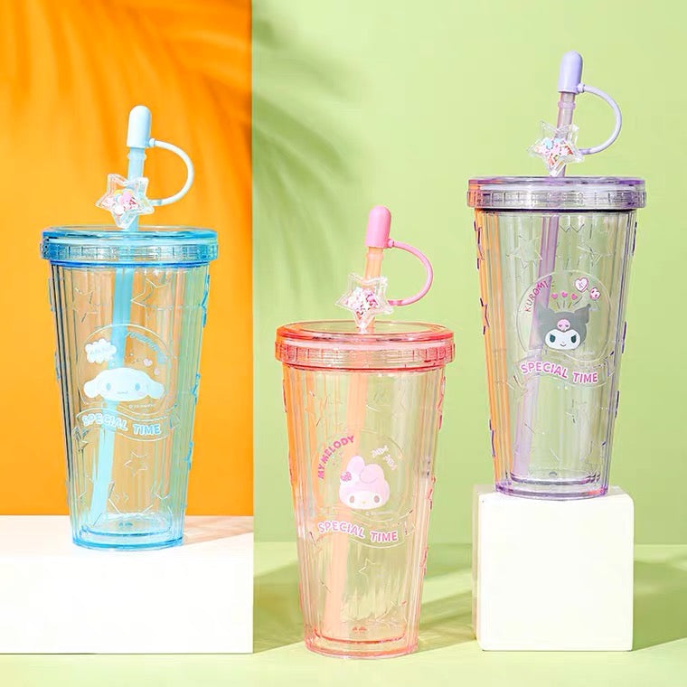 Sanrio Gittler Star Summer Cup My Melody Kuromi Cinnamoroll Pochacco Pompompurin Plastic Water Bottle with Straw for Cool Drink Lovely Cup KawaiiGiftLand