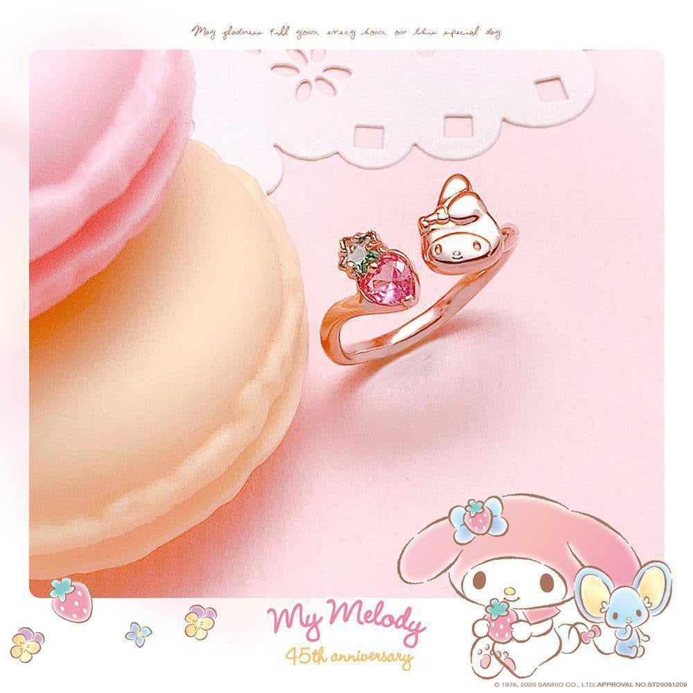 Sanrio My Melody with Strawberry 45th Annversary 925 Sterling Silver Ring Rosegold with Ring Box - KawaiiGiftLand