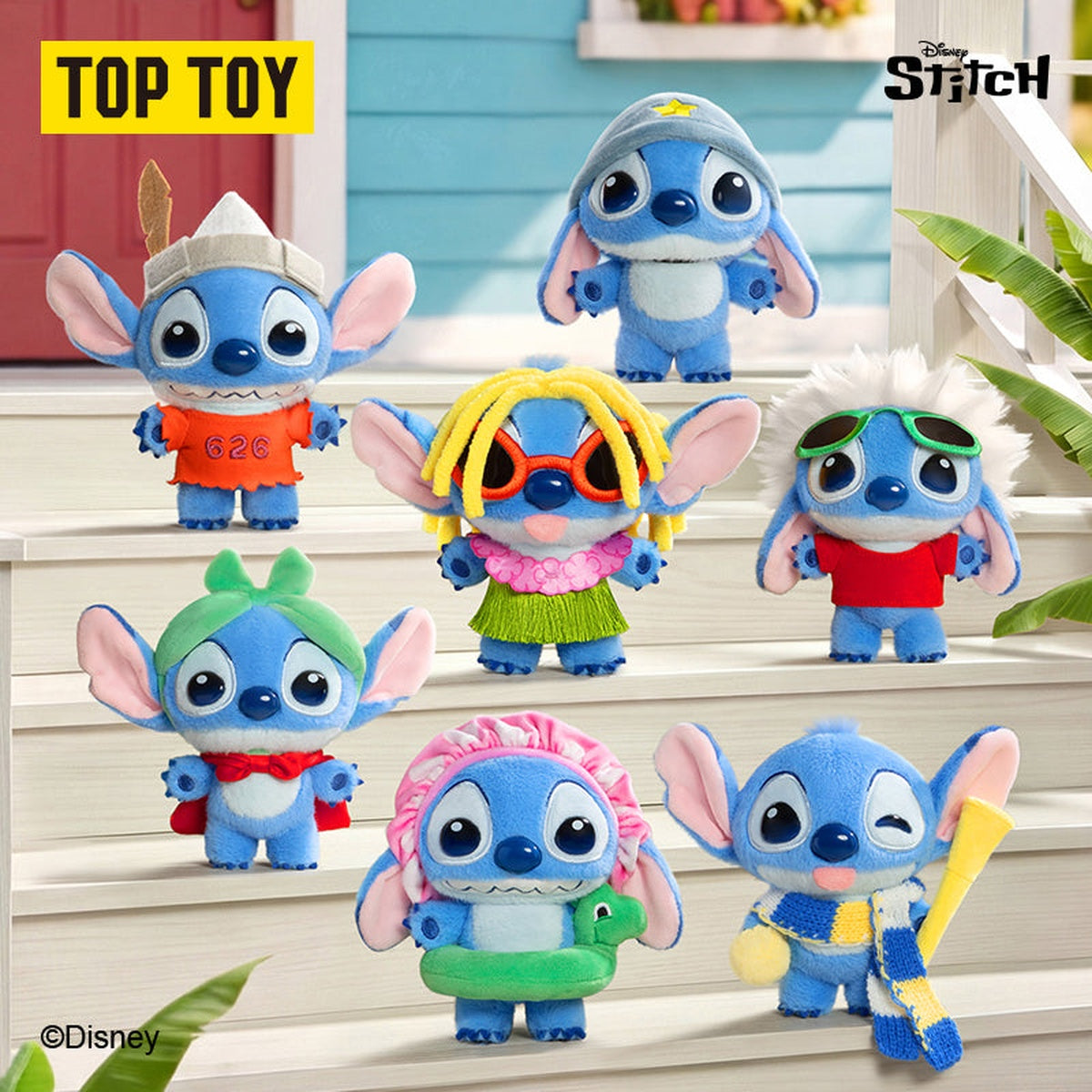TOPTOY Disney Stitch in Cute Costumes Series Plush Charm blind box - full style lineup on white steps