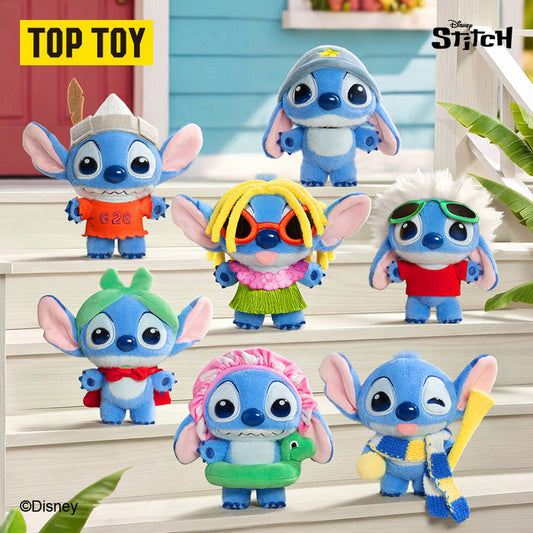 TOPTOY Disney Stitch in Cute Costumes Series Plush Charm blind box - full style lineup on white steps