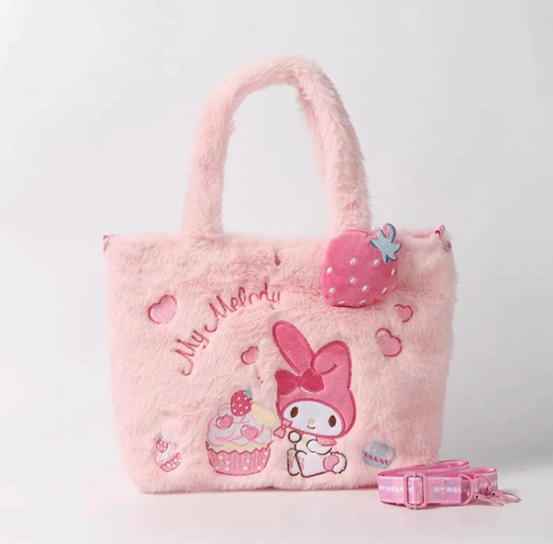 Sanrio Hello Kitty My Melody Kuromi Cinnamoroll Fluffy Shopping Totes Shoulder Bag with Strap KawaiiGiftLand