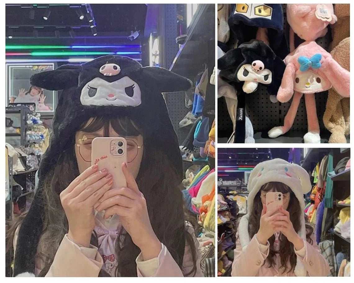 Sanrio My Melody Kuromi Cinnamoroll Hat Ear can Move Winter Warm Accessory Outfits KawaiiGiftLand