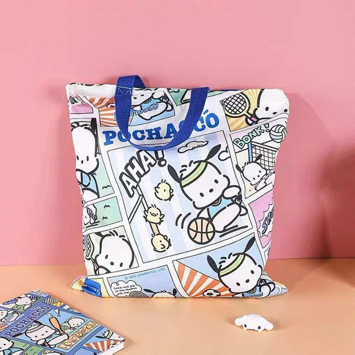 Sanrio Pochacco Sporty Comics Style Tote Bag with Zipper KawaiiGiftLand
