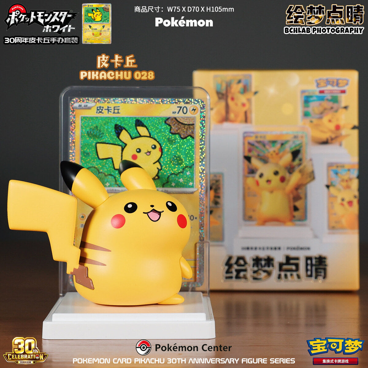 Pokemon Card Pikachu 30th Anniversary - Pikachu 028 Figure with Display Card