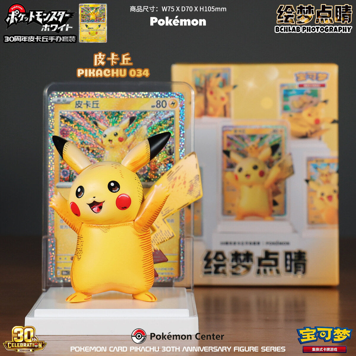 Pokemon Card Pikachu 30th Anniversary - Pikachu 034 Figure with Display Card