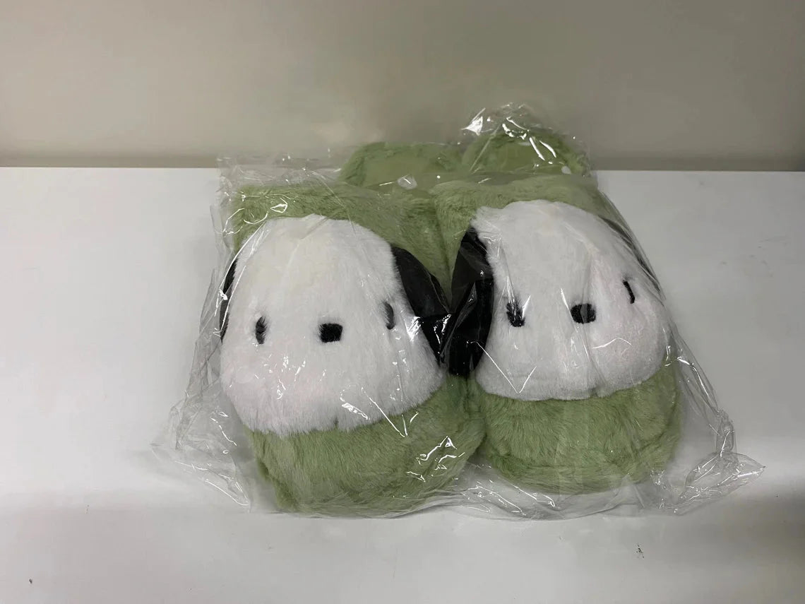 Sanrio Pochacco Green Fluffy Big Head Fur Winter Slippers KawaiiGiftLand