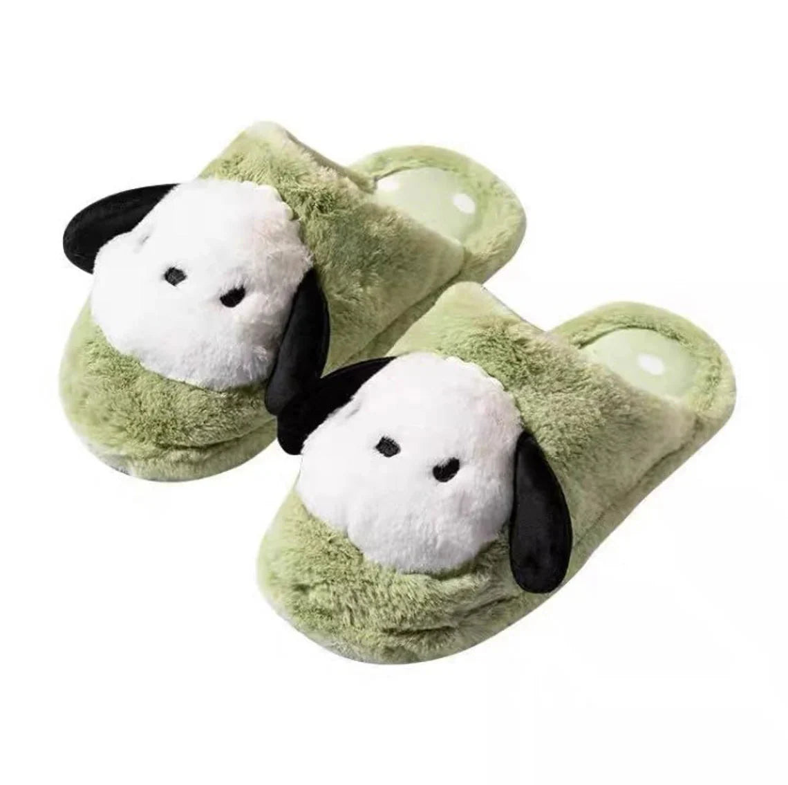 Sanrio Pochacco Green Fluffy Big Head Fur Winter Slippers KawaiiGiftLand