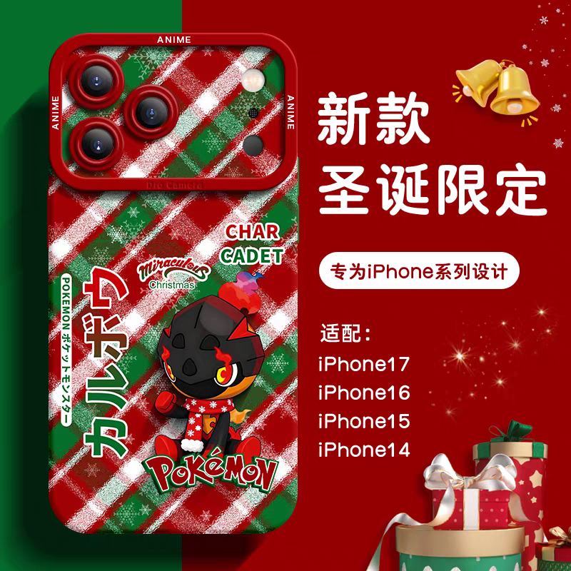 Japanese Cartoon Pokemon Silicone Case Winter Xmas Version | Pikachu Charcadet Riolu Mimikyu Whimsicott Sylveon Gengar Charizard - iPhone Case PLUS SE2 XS XR X 11 12 13 14 15 16 16e 17 17e Pro Promax 12mini 13mini