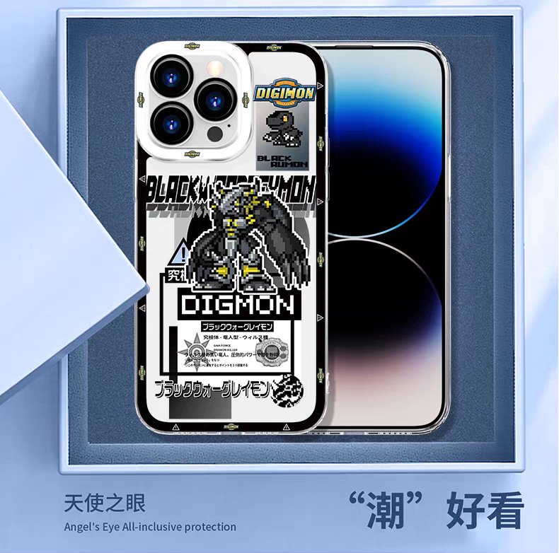 Anime Digimon Digital Monster Pixel Game Version | Black War Greymon Metal Garurumon Angewomon - iPhone Case PLUS SE2 XS XR X 11 12 13 14 15 16 16e 17 17e Pro Promax 12mini 13mini