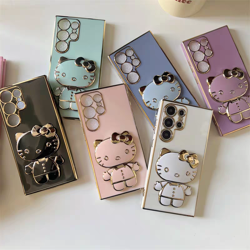 Japan Cartoon | Golden Line Hello Kitty with Phone Mirror Stand - Phone Case Samsung Galaxy S24 S23 S22 Plus Ultra