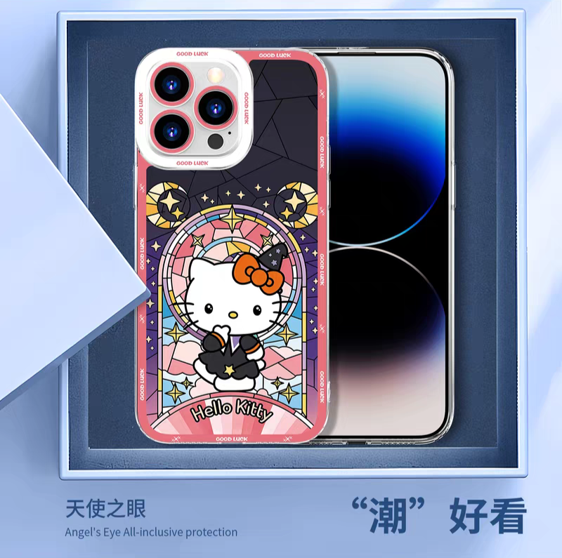 Japan Cartoon Halloween Glass Window Version | Hello Kitty Hangyodon Kuromi Pompompurin Cinnamoroll XO Bad Badtz Maru Tuxedosam Little Twin Stars - iPhone Case PLUS SE2 XS XR X 11 12 13 14 15 16 16e 17 17e Pro Promax 12mini 13mini