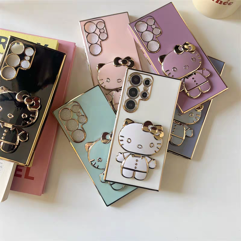 Japan Cartoon | Golden Line Hello Kitty with Phone Mirror Stand - Phone Case Samsung Galaxy S24 S23 S22 Plus Ultra KawaiiGiftLand