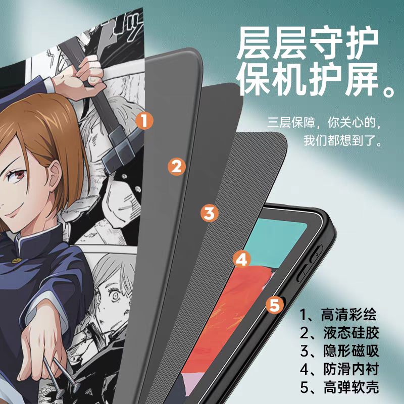 Japanese Anime Jujutsu Kaisen Comic Anime Style Protect Case with Pen Holder | Satoru Inumaki Toge Megumi Nanami Kugisaki Nobara Yuji Ryomen Sukuna Okkotsu Yuta Zenin Maki - iPad Mini 4,5,6,7 / iPad Air / iPad Pro 2025 2024 2022 2021 2020 2018