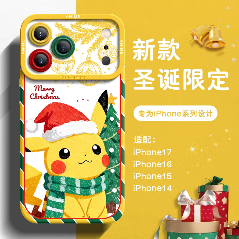 Japanese Cartoon Pokemon Silicone Case Christmas Version | Pikachu Bulbasaur Charmander Squartle Eevee Psyduck Genger Snorlax - iPhone Case PLUS SE2 XS XR X 11 12 13 14 15 16 16e 17 17e Pro Promax 12mini 13mini