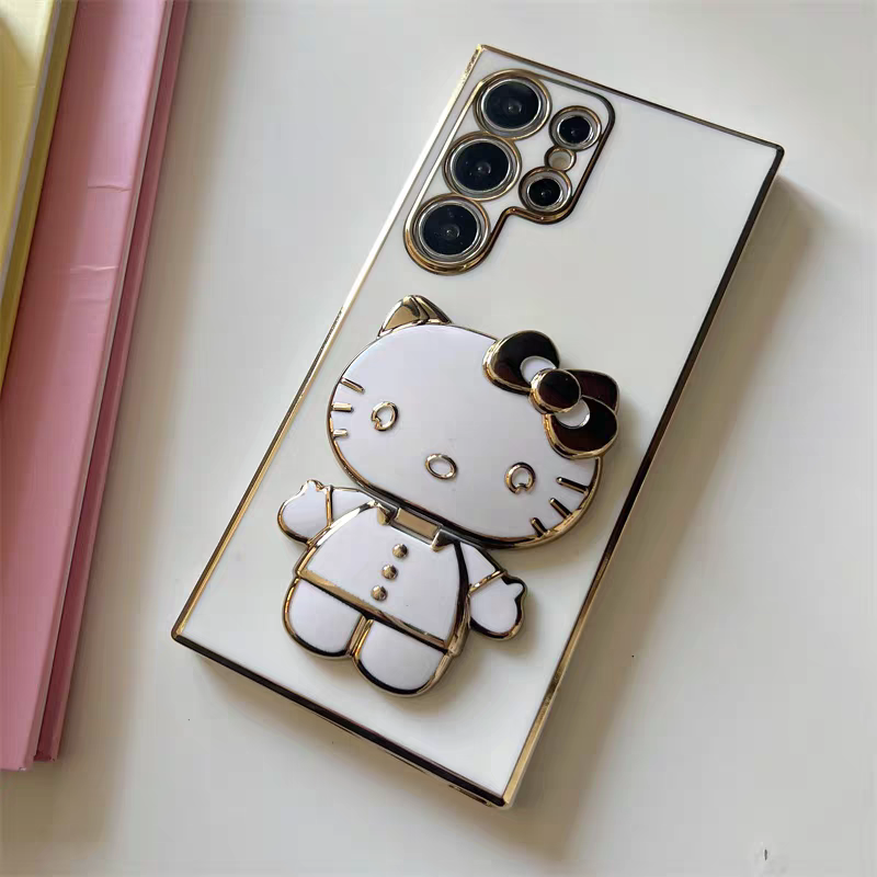Japan Cartoon | Golden Line Hello Kitty with Phone Mirror Stand - Phone Case Samsung Galaxy S24 S23 S22 Plus Ultra KawaiiGiftLand