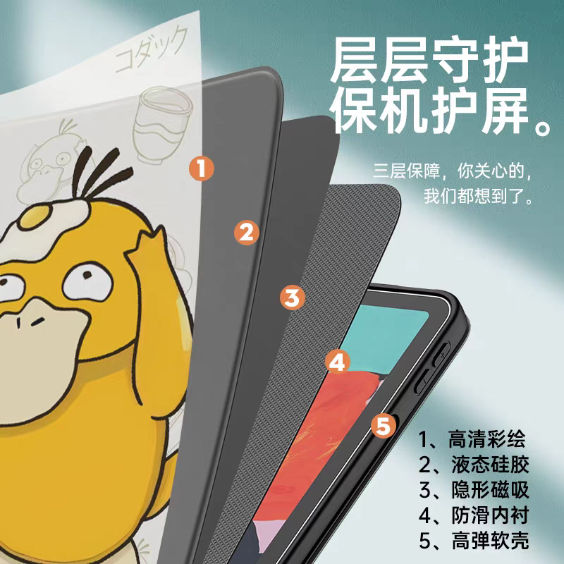 Japanese Cartoon Pokemon Protect Case with Pen Holder | Psyduck with Egg & Back of Pikachu - iPad Mini 4,5,6,7 / iPad Air / iPad Pro 2025 2024 2022 2021 2020 2018