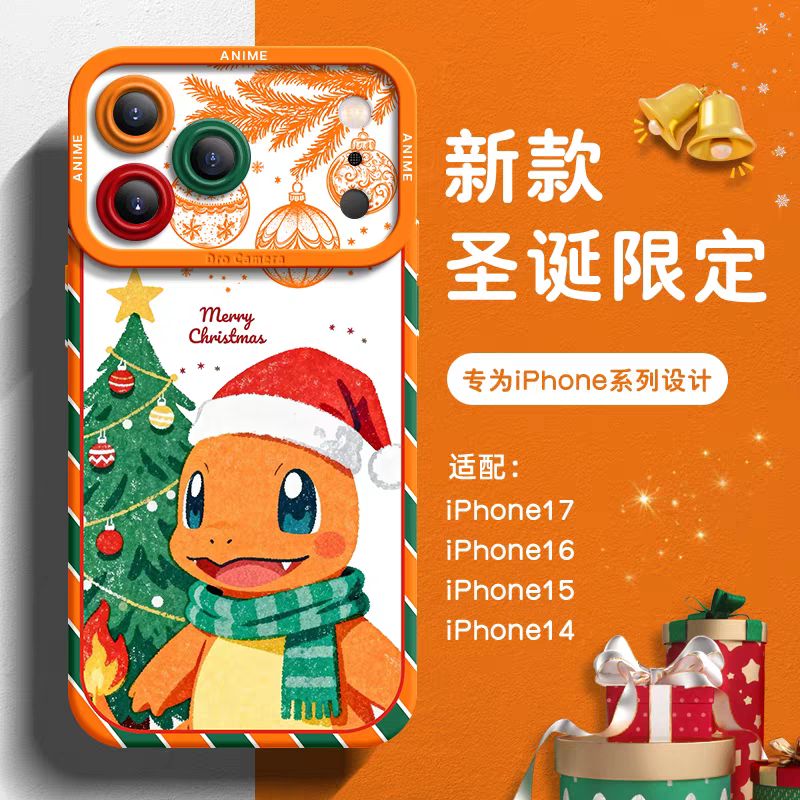 Japanese Cartoon Pokemon Silicone Case Christmas Version | Pikachu Bulbasaur Charmander Squartle Eevee Psyduck Genger Snorlax - iPhone Case PLUS SE2 XS XR X 11 12 13 14 15 16 16e 17 17e Pro Promax 12mini 13mini