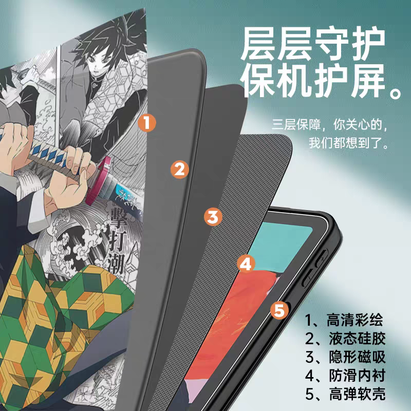 Japanese Anime Kimetsu no Yaiba Demon Slayer Comic Anime Style Protect Case | Tanjiro Nezuko Zenitsu Uzui Tengen Tokito Muichiro Iguro Obanai Rengoku Kyoujurou Giyuu Tomioka - iPad Mini 4,5,6,7 / iPad Air / iPad Pro 2025 2024 2022 2021 2020 2018