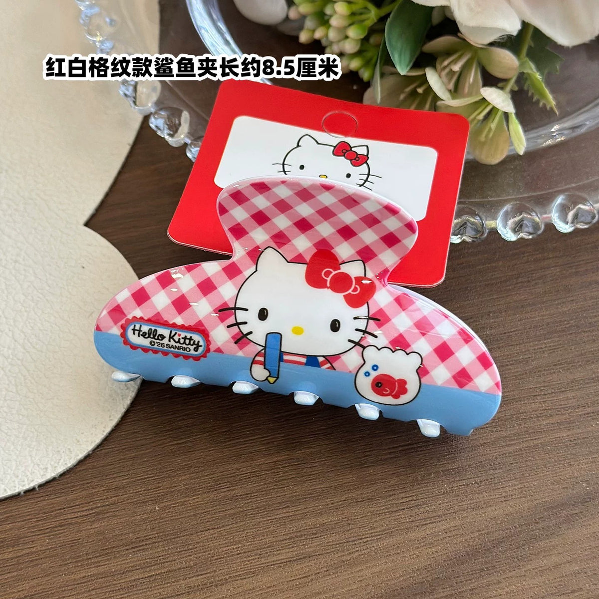 Hello Kitty Red-White Gingham Acrylic Medium Claw Clip 8cm