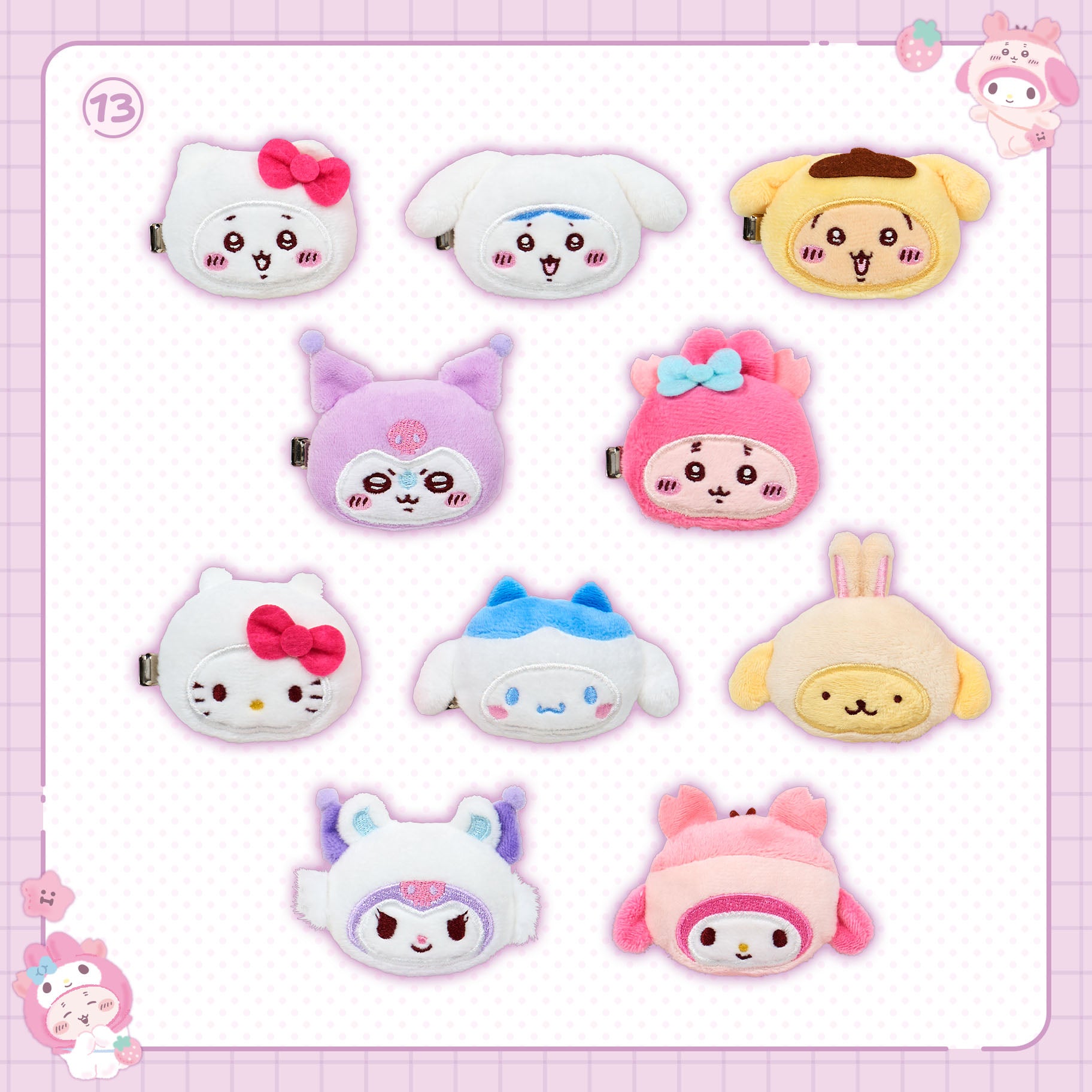 [Pre-Order] Japan ChiiKawa X Sanrio Series 4 | ChiiKawa Hachiware Usagi Momonga Crab Crossover Sanrio Characters Costume Cute Plush Icon Hair Clip Mystery Blind Box - Kawaii items Room Decoration